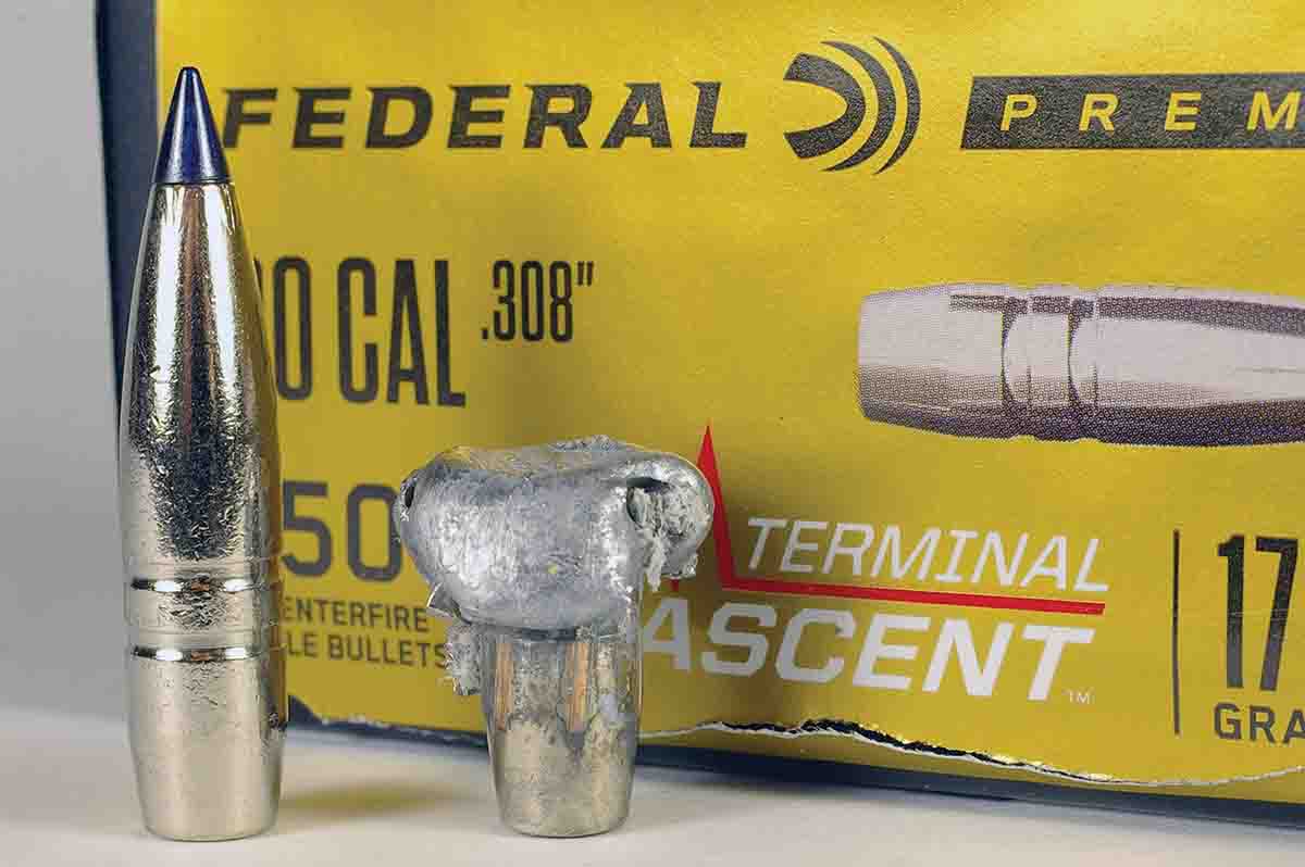 The 175-grain Terminal Ascent bullet at right was traveling about 2,600 fps when it hit a bundle of paper. Expansion was picture-perfect.